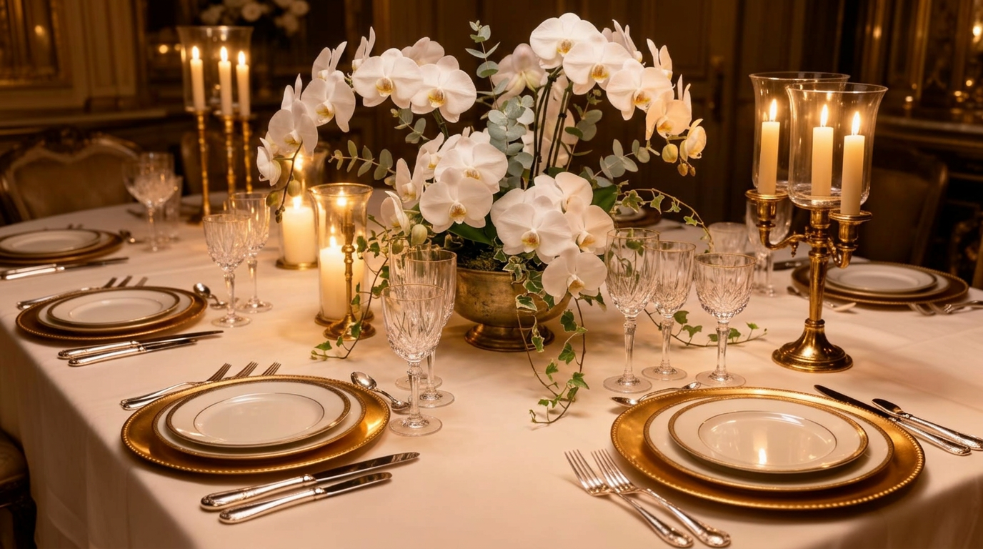 An elegant candlelit dinner tablescape